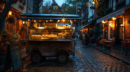 Chic food cart with open window on a cobblestone street - obrazy, fototapety, plakaty