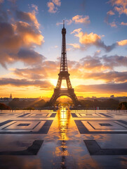 Eiffel Tower and Trocadero Square at sunrise, Paris, France - obrazy, fototapety, plakaty