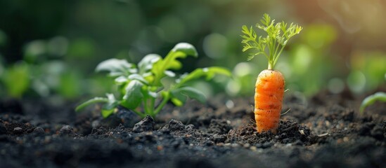 A baby carrot is shown growing out of the dark soil in a garden, surrounded by green foliage under the sunlight. - obrazy, fototapety, plakaty