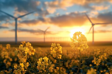 sunset over a rape seed field with windmills in the background, cloudy sky