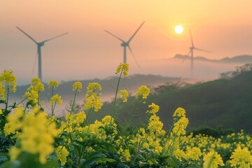 sunset over a rape seed field with windmills in the background, cloudy sky