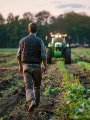 Man with short brown hair,wearing trousers and a black vest is walking on his agricultural field in the evening,rear view with green tractor in the background,lights on green tractor are turned on