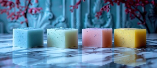 A row of four distinct colored soap bars, each in a different shade, placed neatly on top of a...