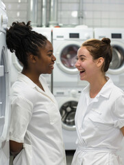 Two interracial hotel maids in white uniforms having a fun conversation in the laundry