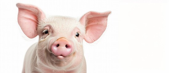 Portrait of a cute happy pig isolated on white background, concept of happy farm, healthy life, funny animal portrait on white background. - obrazy, fototapety, plakaty