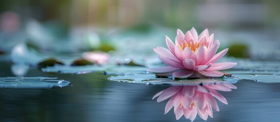 A pink water lily flower peacefully floats on the calm surface of the water.