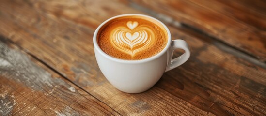 A white coffee cup with a heart drawn on its surface, filled with dark coffee.