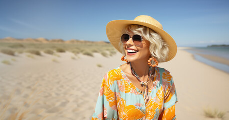 smiling happy woman in hat and sunglasses on the beach near the river on a summer sunny day, banner with copy space