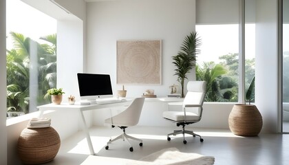 A chic workspace with a minimalist white desk and ergonomic chair, bathed in natural light streaming through floor-to-ceiling windows and adorned with Balinese-inspired decor accents.