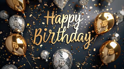 gold "Happy Birthday" typography hand-drawn against a dark background with gold and silver balloons and a sparkle effect. Elevate the joyous occasion with our stylish and luxurious composition.