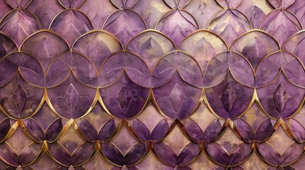 A luxurious wall texture with 3D tiles in a geometric lotus pattern, blending shades of purple and gold. The tiles shimmer under light, adding an opulent touch to the space.