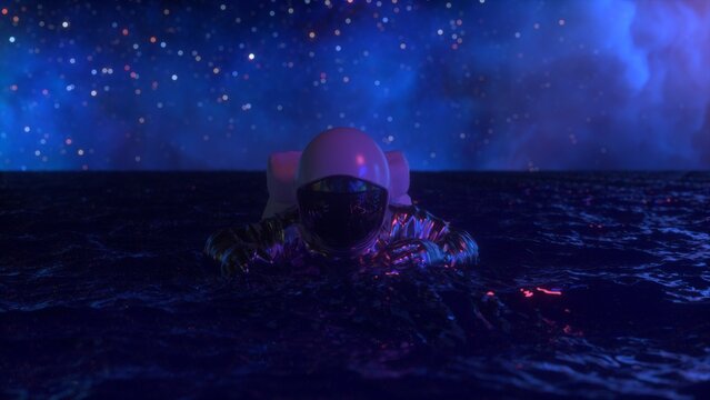 Astronaut swimming in an ocean galaxy in outer space.
