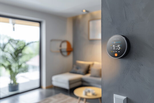 A smart thermostat is mounted on a wall in a living room