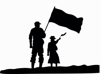 Memorial Day, vector, ilustración temática de padre militar con su hija, ondeando una bandera. dia de los soldados caidos.