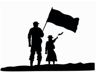 Memorial Day, vector, ilustración temática de padre militar con su hija, ondeando una bandera. dia de los soldados caidos.
