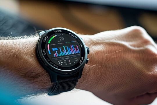 A person is wearing a watch that shows a green bar on the screen