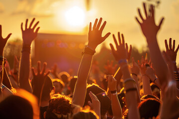Crowd at a music festival enjoying the sunset