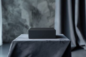 Minimalistic black mockup box placed on a textured velvet-covered table against a moody marbled background, embodying a sleek, modern aesthetic