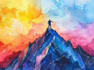 A silhouette conquers a graph mountain at sunset, a watercolor metaphor for reaching corporate peaks - obrazy, fototapety, plakaty