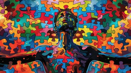 Pop art-inspired person with a puzzle-piece body in vibrant colors for emotions related to food, against a bold patterned background