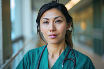 Fototapeta premium A female nurse in scrubs with a stethoscope in a hospital