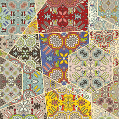 Vector patchwork quilt pattern. Vintage decorative collage. Hand drawn background. Indian, Arabic, Turkish motifs for printing on fabric or paper. Abstract colorful doodle pattern in mosaic style