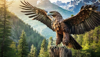 a wooden eagle sculpture, symbolizing the harmony between wildlife and the forest