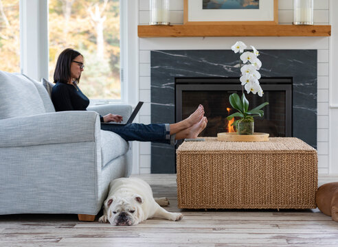 Woman on laptop computer at home with family pet bulldog resting 