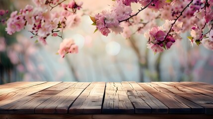 A wooden table with no objects on it and a blurred outdoor garden background. The wooden table provides space for text and can be used for marketing promotions - obrazy, fototapety, plakaty