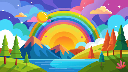 Fototapeta na wymiar landscape-with-rainbow-and-tree---illustration