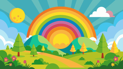 Obraz na płótnie Canvas landscape-with-rainbow-and-tree---illustration