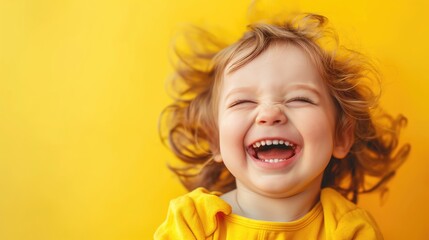 Cheerful little toddler or little curly child laughing on bright yellow background