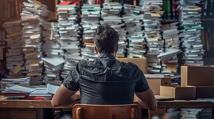 Exhausted man in the office full of folders and work ,back view.	
 - obrazy, fototapety, plakaty