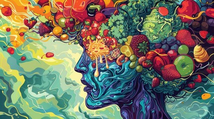 A psychedelic illustration of a person formed from a kaleidoscopic array of food items, that express the chaotic influence of emotions on eating habits. Emotional OverEating Awareness Month.