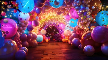 Realistic digital illustration of a vibrant balloon arch, adding a festive touch to any special event. Let the cheerful mix of colors bring joy to your occasion! - obrazy, fototapety, plakaty