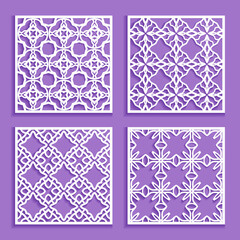 Obraz premium Templates for laser cutting, plotter cutting, printing. Square line patterns set. Geometric design cut out of paper. Mandala Islamic die cut ornament. Fretwork panels, cutout silhouette stencils