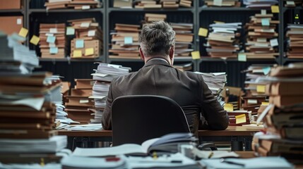 Exhausted man in the office full of folders and work . back view. - obrazy, fototapety, plakaty