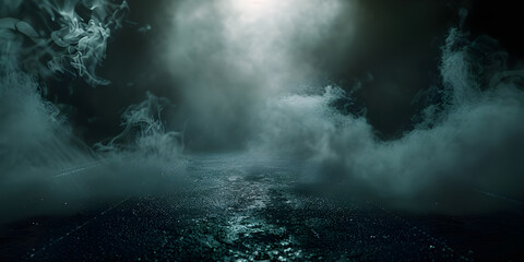 Dark street, wet asphalt, reflections of rays in the water. Abstract dark background, smoke, smog -...