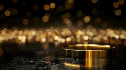 golden podium mockup on black background and golden bokeh with space for text