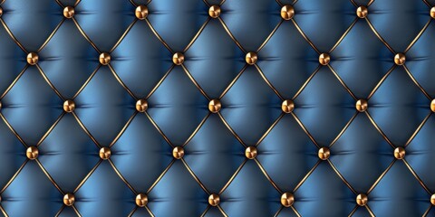 Blue quilted leather background with golden buttons Elegant interior design element Luxury wallpaper Generative AI