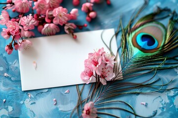 The white blank card with peacock feather and flowers, spring vibe invitation template. Floral decorations.