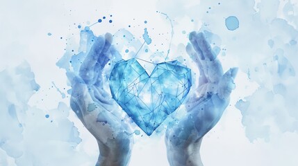 Blue heart network in watercolor style hands, a fusion of health data visualization and digital love exchange