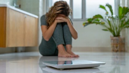 BALAN&Ccedil;A NO BANHEIRO AO FUNDO UMA JOVEM COM ANEROXIA 