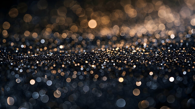 background for birthday banner, gold glitter closeup with bokeh on black background with copy space