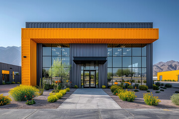 Photograph of an industrial building in Arizona with modern architecture, exterior shot of the entrance to the warehouse with a yellow and black color scheme. Created with Ai - obrazy, fototapety, plakaty