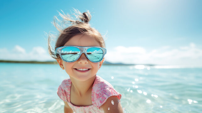 Long range photo of Little girl with sunglasses and inflatable ring in sea on sunny day. Beach holiday, summer. Realistic photo, high detailed