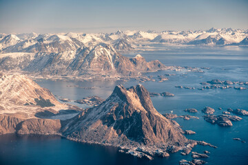 Aerial view of mountain on archipelago in arctic circle ocean