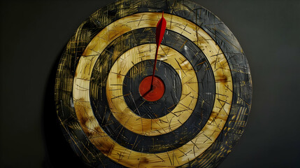 The photo shows a bullseye hit by an arrow, set against a black background for contrast - obrazy, fototapety, plakaty
