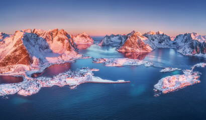 Aerial view of Reine and Hamnoy at sunrise in winter