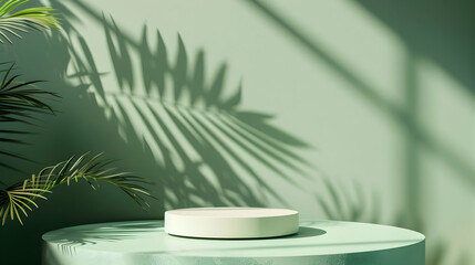 podium mockup, green round pedestal with daylighting with copy space